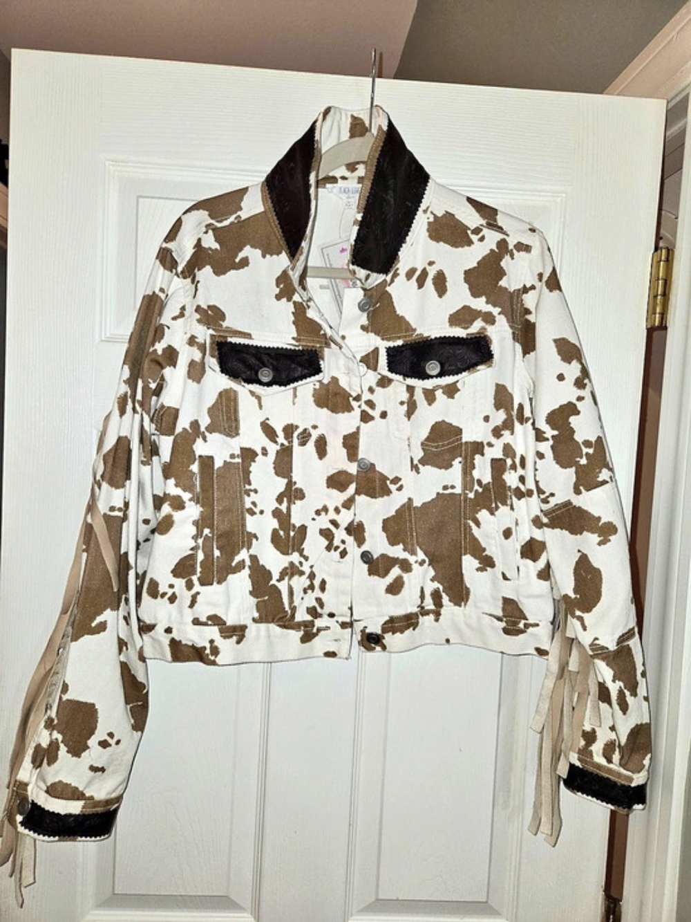 Upcycled Peach Love Cow Print Fringe Jacket Size Small NWT